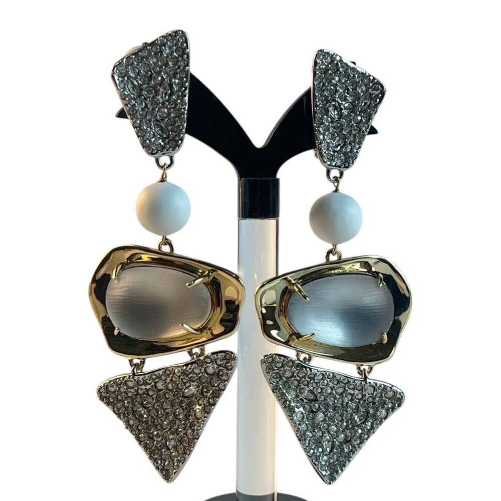 Alexis Bittar Lucite Pave Rhinestones Long Silver Gold Drop Dangle Earrings Fab!